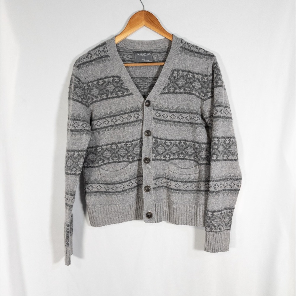 Aeropostal Men's Cardigan Sweater Retro Gray Fair Isle Knit Wool Sz M